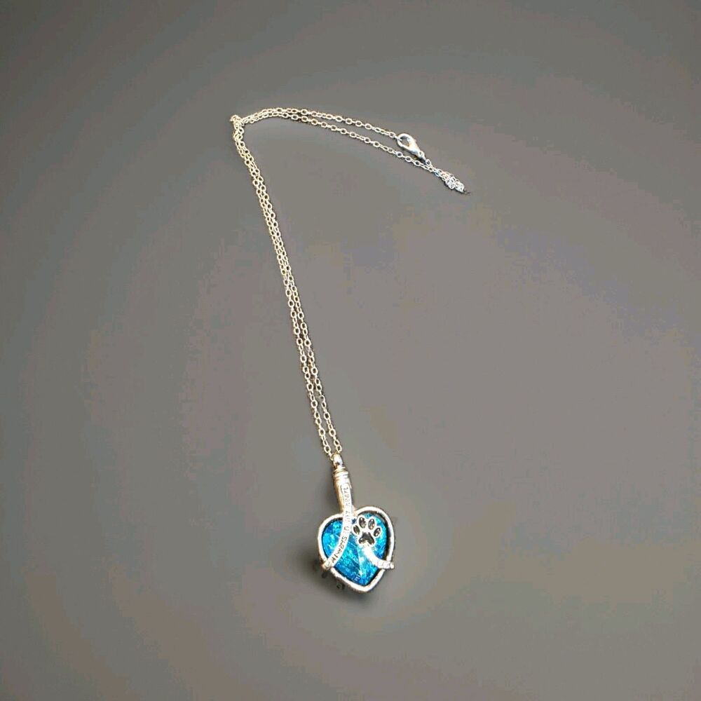 Pet Memorial Urn Necklace Always in My Heart Blue Crystal Paw Print 18" Chain